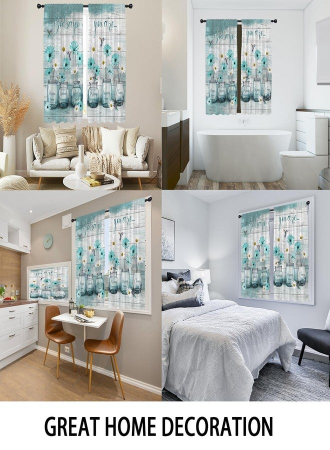 Coxila Teal Floral Kitchen Window Curtains 27.5 x 39 Inch Small Short Mini Cafe Rod Pocket Turquoise Aqua Flower White Daisy Fun Living Bedroom Room Home Treatment Set of 2 Curtain Panels Drapes Tiers - Image 5